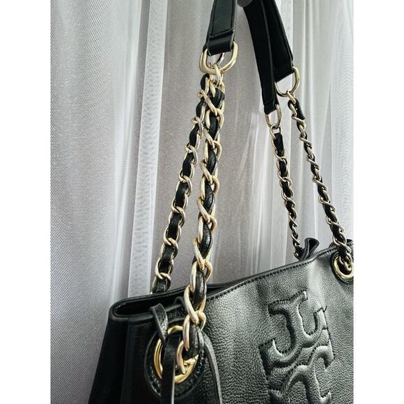 Tory Burch Thea Black Leather Slouchy Bridle Gold Chain Tote Shoulder Bag Purse - Picture 4 of 16